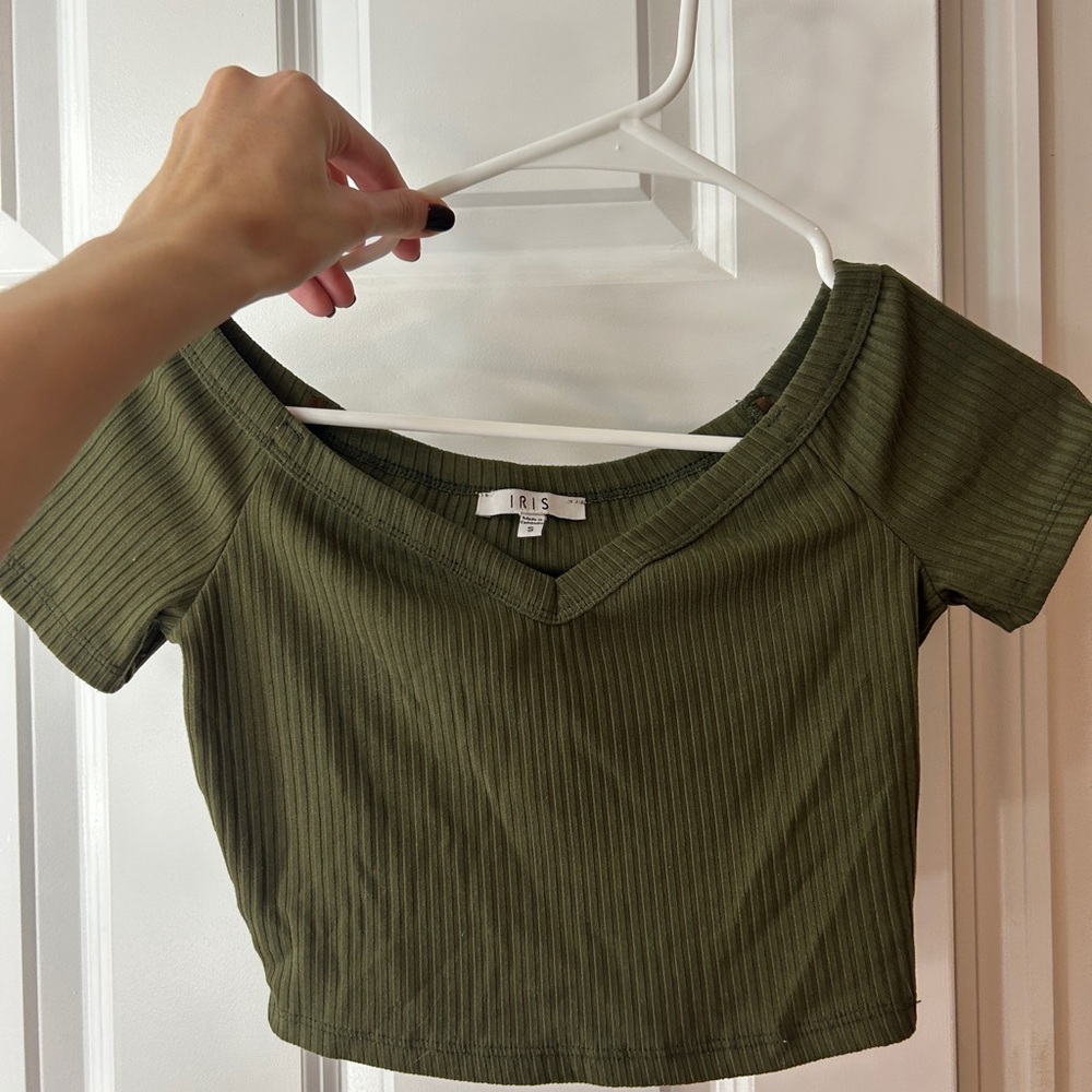 Olive Off-Shoulder Ribbed Crop Top
